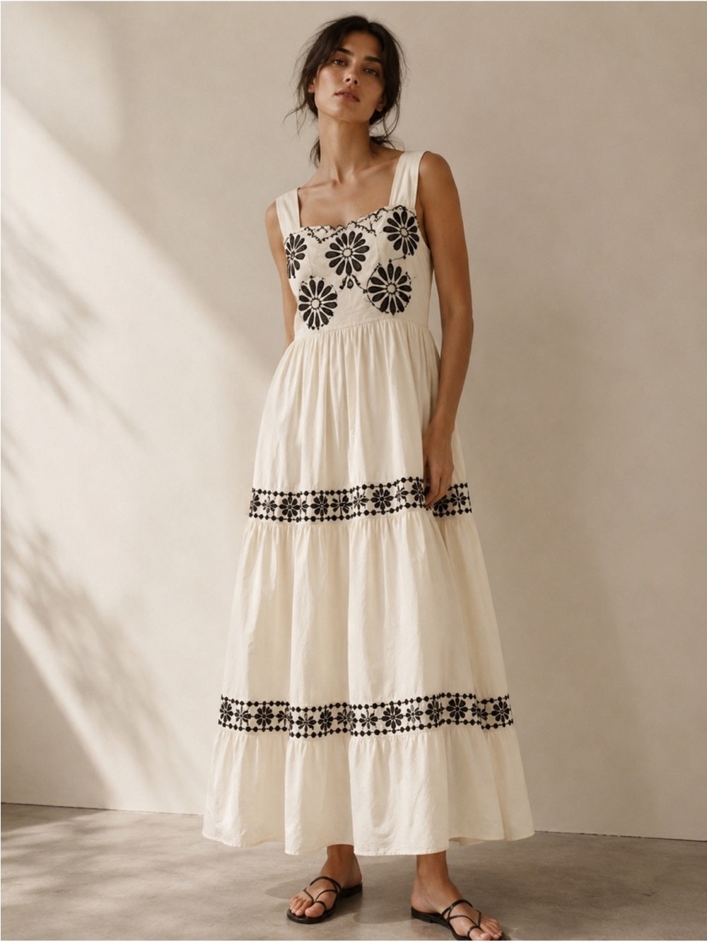 NWT: Smocked Bodice Floral Embroidered Tiered Flowy Maxi Dress• Large